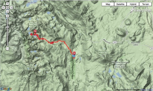 Map 2: The red line indicates the trail from Devils Postpile to Minaret Lake, 8 miles (12.8 km).