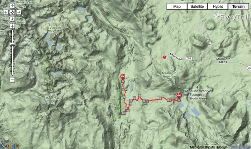 Map 1: Red line indicates the trail via Mammoth Pass from Horseshoe Lake park area to Devils Postpile, 8 miles.